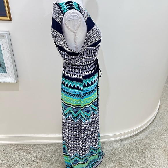 Sandra Darren patterned sleeveless keyhole neckline maxi jersey knit dress sz 12 - Picture 8 of 9